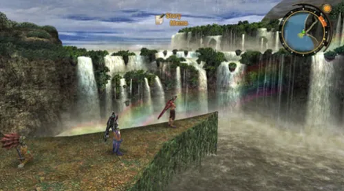 Ho la jolie image bitmap au loin pour donner l'illusion d'une cascade au fond... <br/>Ha non, pas dans Xenoblade, il s'agit bien d'une cascade et si l'envie vous en dit, vous pouvez y aller à la nage.