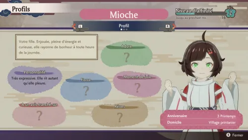 Je vous présente Mioche, ma progéniture ! J'ai essayé d'augmenter mon affinité en lui faisant une farce, elle m'a répondu qu'on ne s'entendait pas assez bien pour ça et que c'était trop tôt, j'ai cherché l'option "abandonné" dans le jeu, pas trouvé.